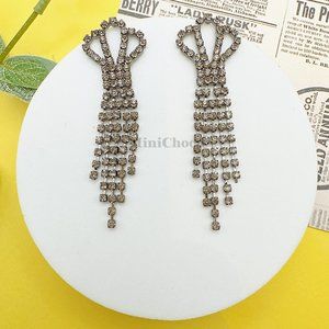 Black Rhinestone Crown Top Fringe Earrings